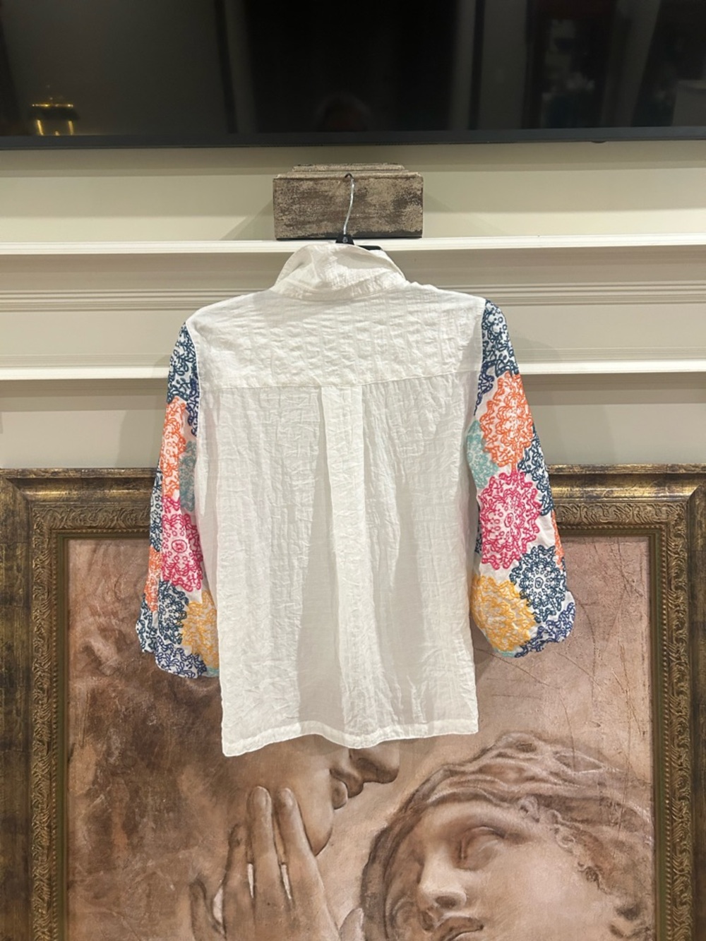 John Mark White Button-Front Blouse with Multicolor Floral Sleeves - Picture 2 of 5